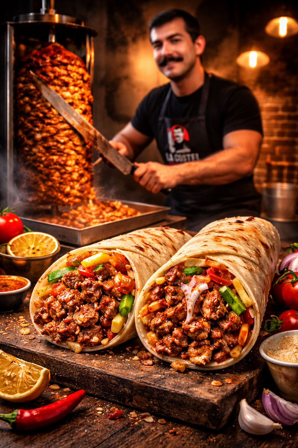 Costel pregătind shawarma la rotisor — ingrediente proaspete