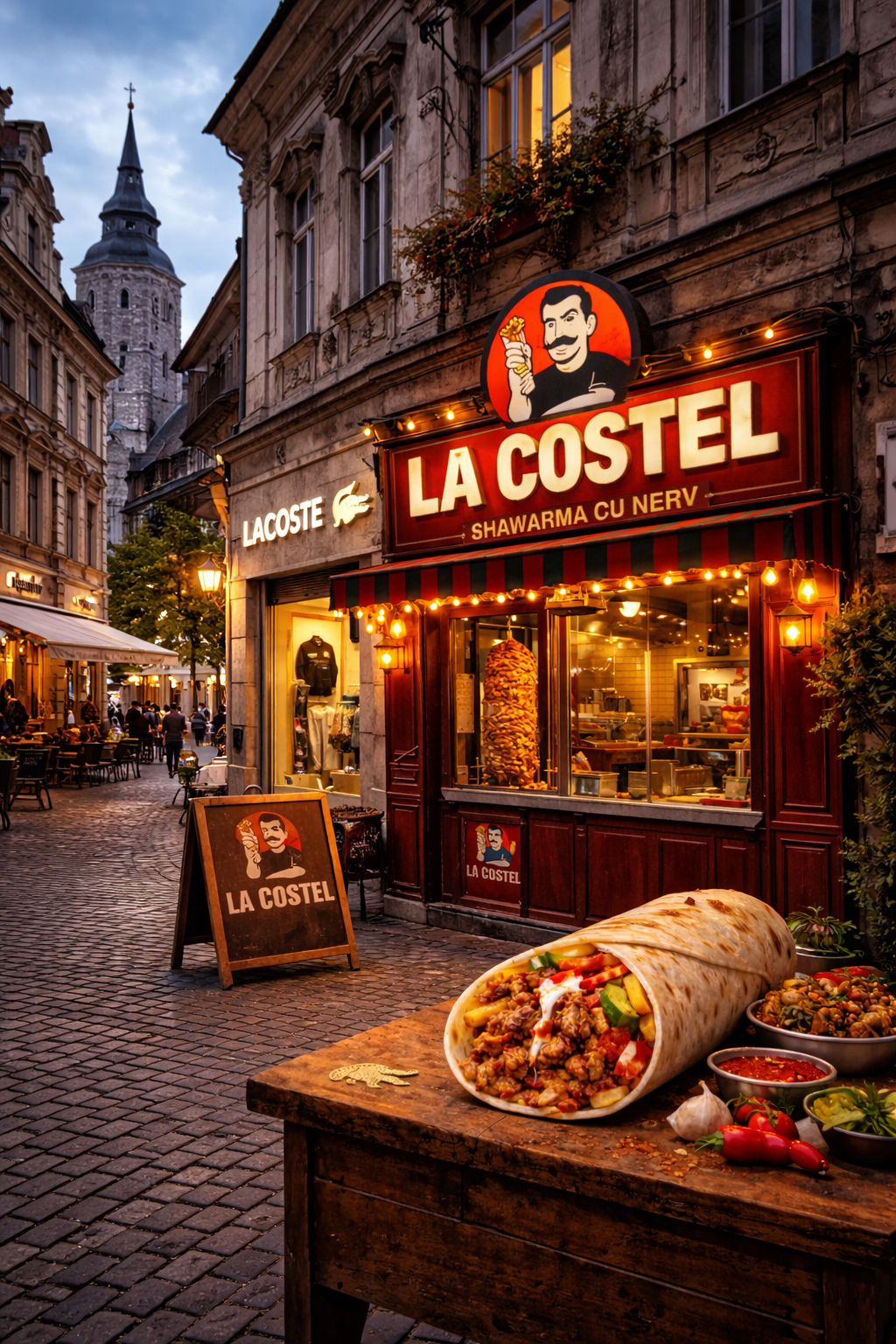 Fațada La Costel pe o stradă urbană, lângă un magazin Lacoste